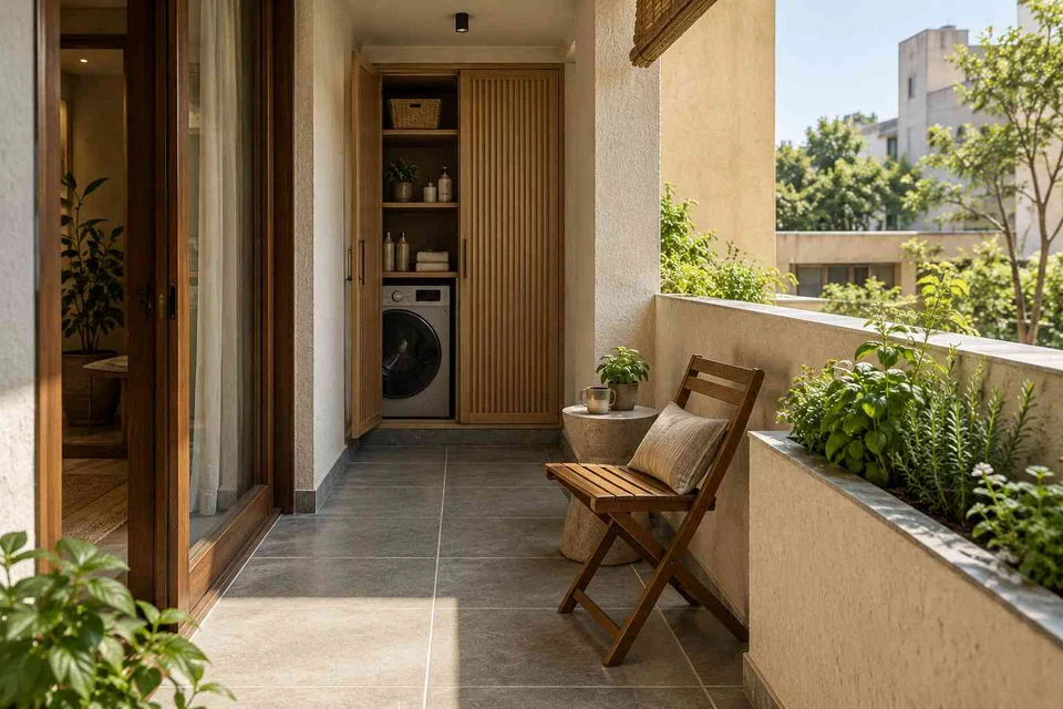 AI-generated outdoor concept: kitchen utility balcony, courtyard modern direction