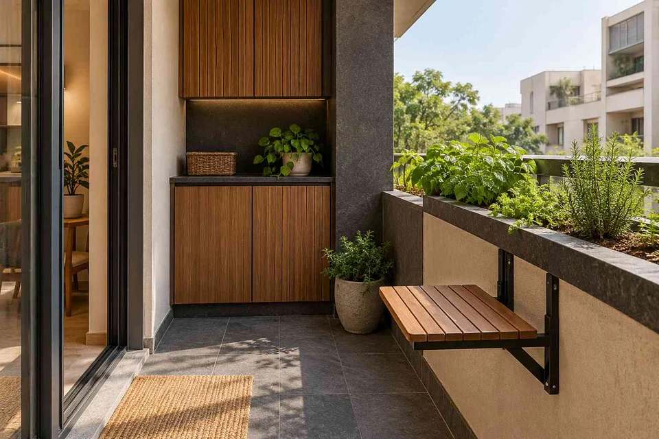 AI-generated outdoor concept: kitchen utility balcony, deccan stone direction