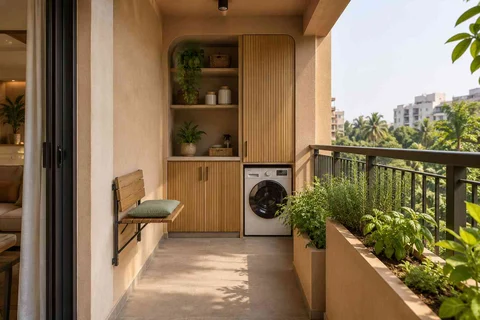 AI-generated outdoor concept: kitchen utility balcony, earth and bamboo direction