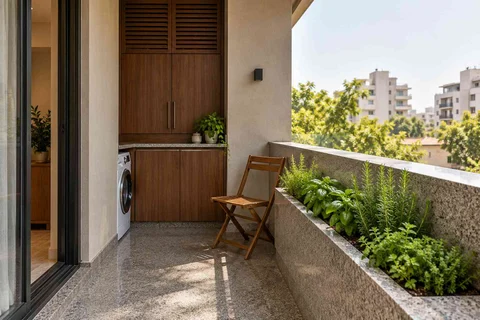 AI-generated outdoor concept: kitchen utility balcony, granite precision direction