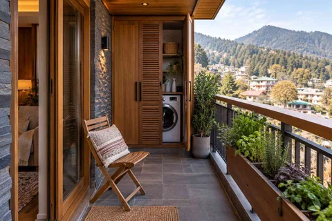 AI-generated outdoor concept: kitchen utility balcony, hill timber direction