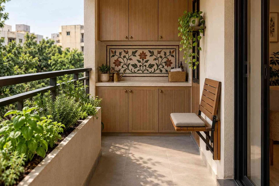 AI-generated outdoor concept: kitchen utility balcony, inlay atelier direction