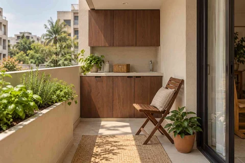 AI-generated outdoor concept: kitchen utility balcony, lime and walnut direction