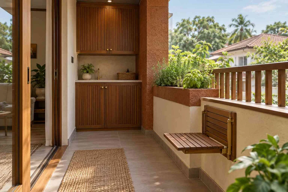 AI-generated outdoor concept: kitchen utility balcony, malabar timber direction