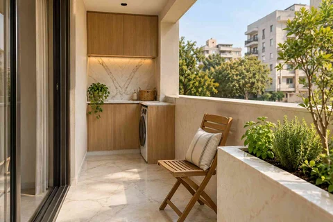 AI-generated outdoor concept: kitchen utility balcony, marble restraint direction
