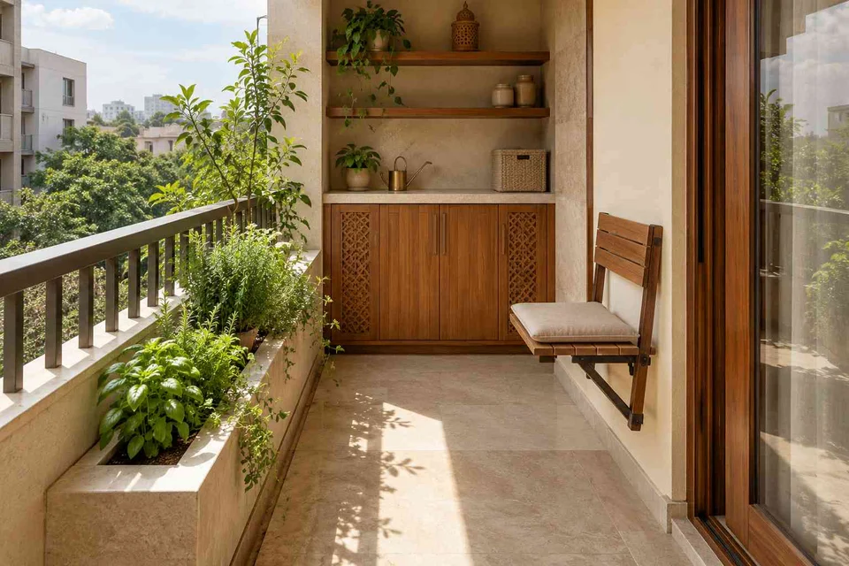 AI-generated outdoor concept: kitchen utility balcony, modern carved direction