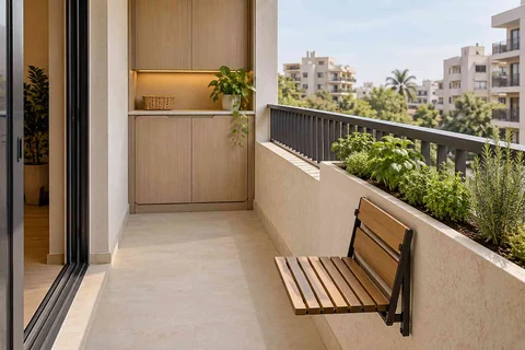 AI-generated outdoor concept: kitchen utility balcony, quiet contemporary direction