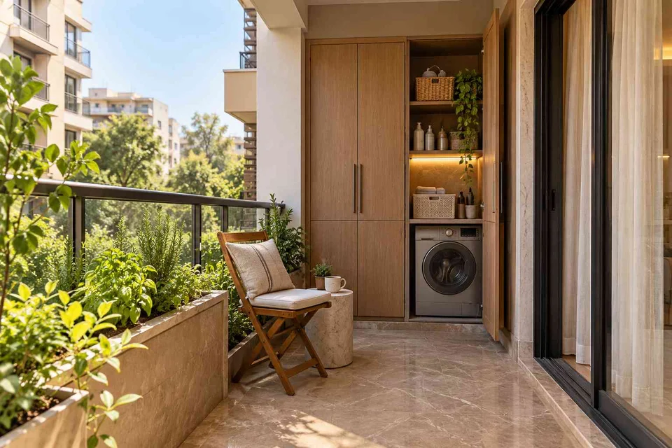 AI-generated outdoor concept: kitchen utility balcony, quiet transitional direction