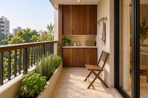 AI-generated outdoor concept: kitchen utility balcony, rosewood brass direction