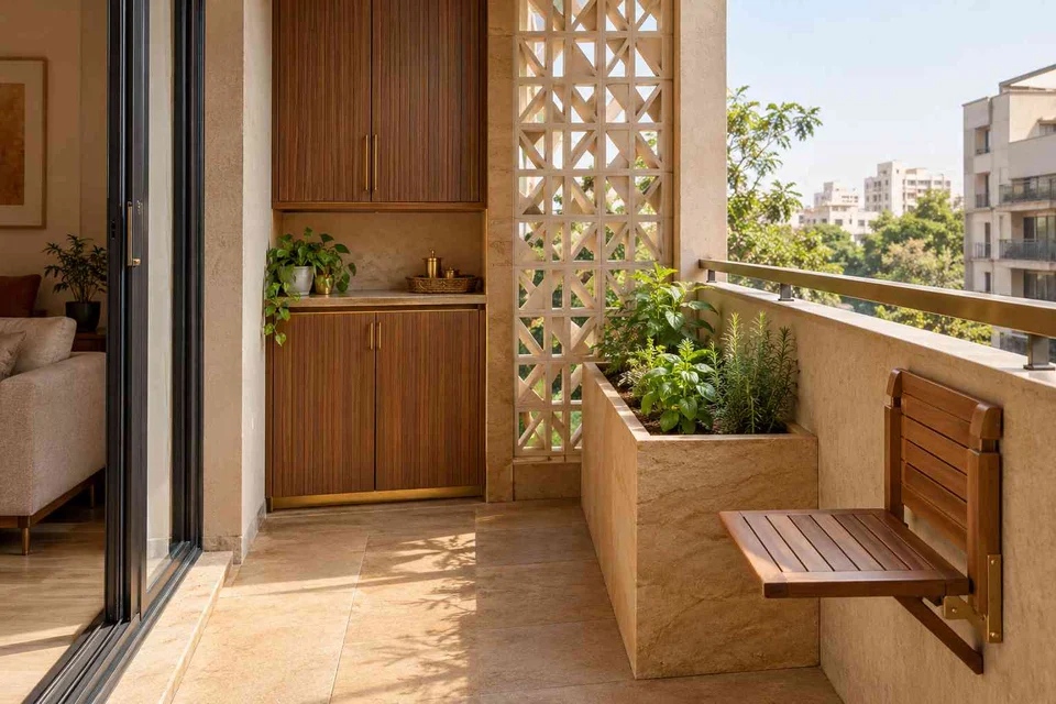 AI-generated outdoor concept: kitchen utility balcony, sandstone lattice direction