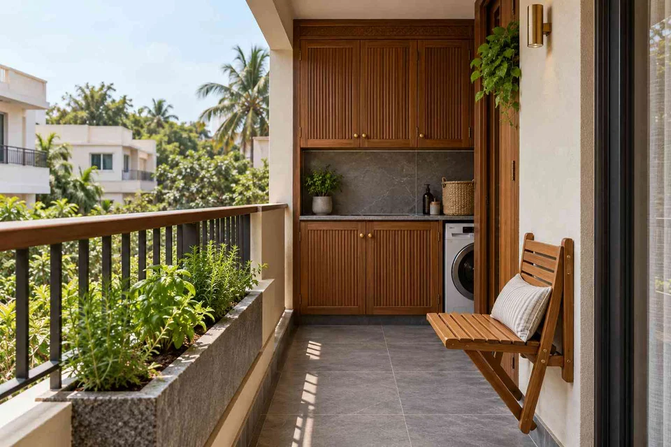 AI-generated outdoor concept: kitchen utility balcony, teak craft direction