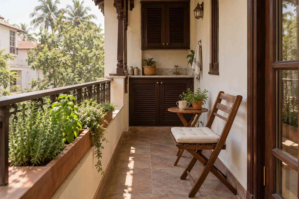 AI-generated outdoor concept: kitchen utility balcony, terracotta heritage direction