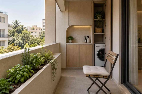 AI-generated outdoor concept: kitchen utility balcony, textured mineral direction