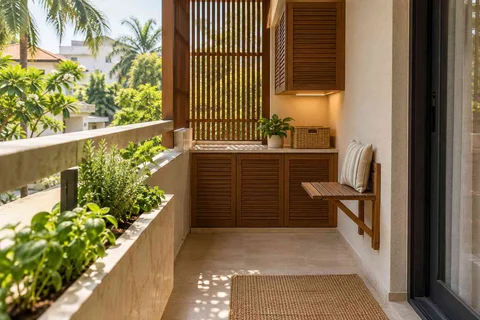 AI-generated outdoor concept: kitchen utility balcony, tropical slatted direction
