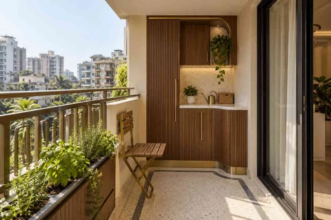 AI-generated outdoor concept: kitchen utility balcony, urban deco direction