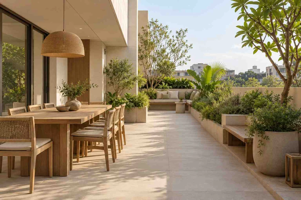 AI-generated outdoor concept: long outdoor dining and seating, ash and linen direction