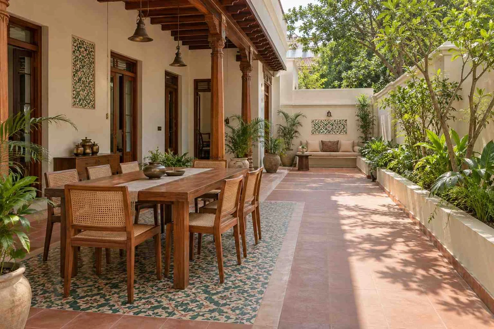 AI-generated outdoor concept: long outdoor dining and seating, chettinad tile direction