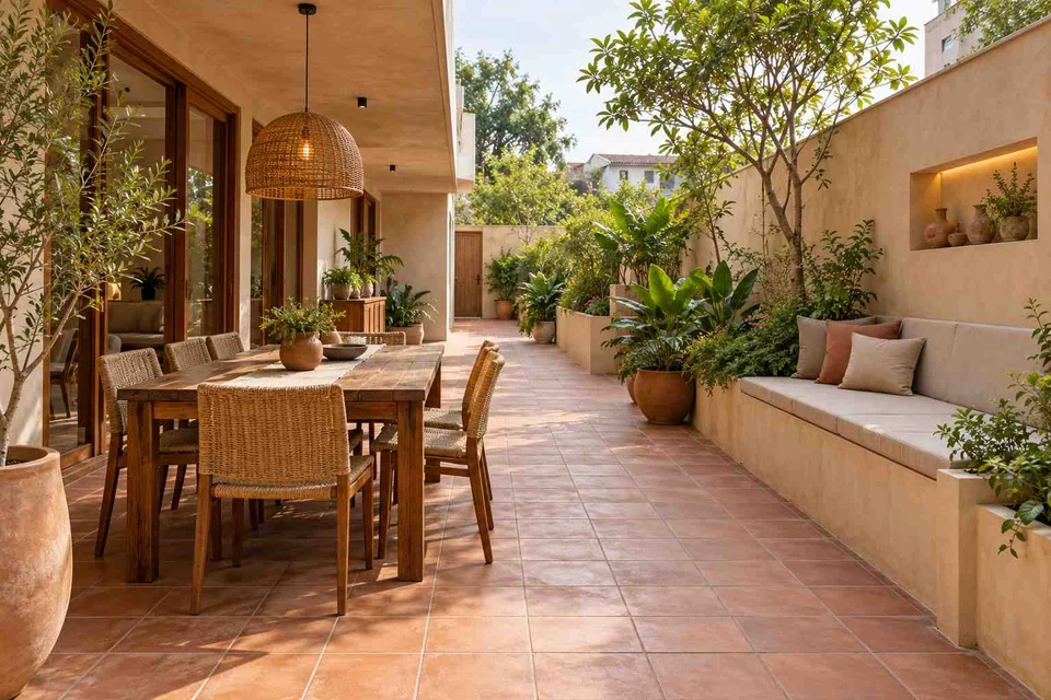 AI-generated outdoor concept: long outdoor dining and seating, clay artisan direction