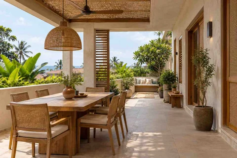 AI-generated outdoor concept: long outdoor dining and seating, coastal woven direction