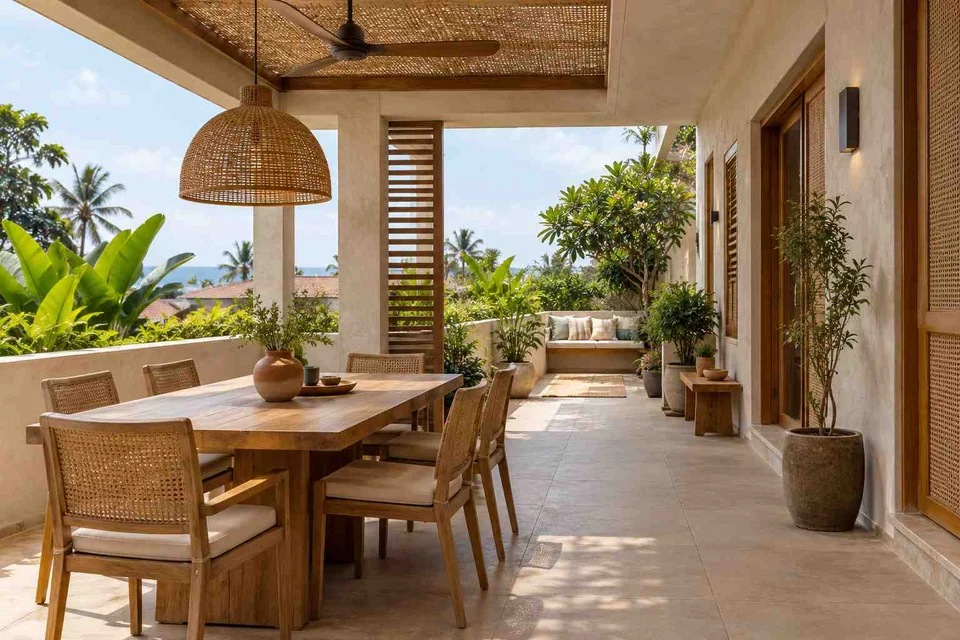 AI-generated outdoor concept: long outdoor dining and seating, coastal woven direction