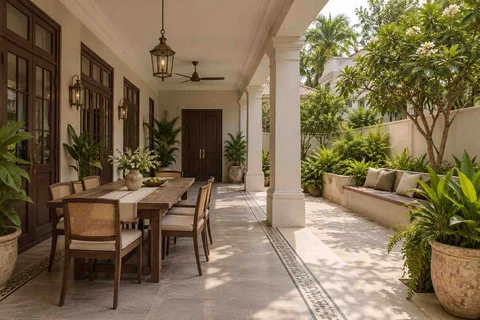 AI-generated outdoor concept: long outdoor dining and seating, colonial quiet direction