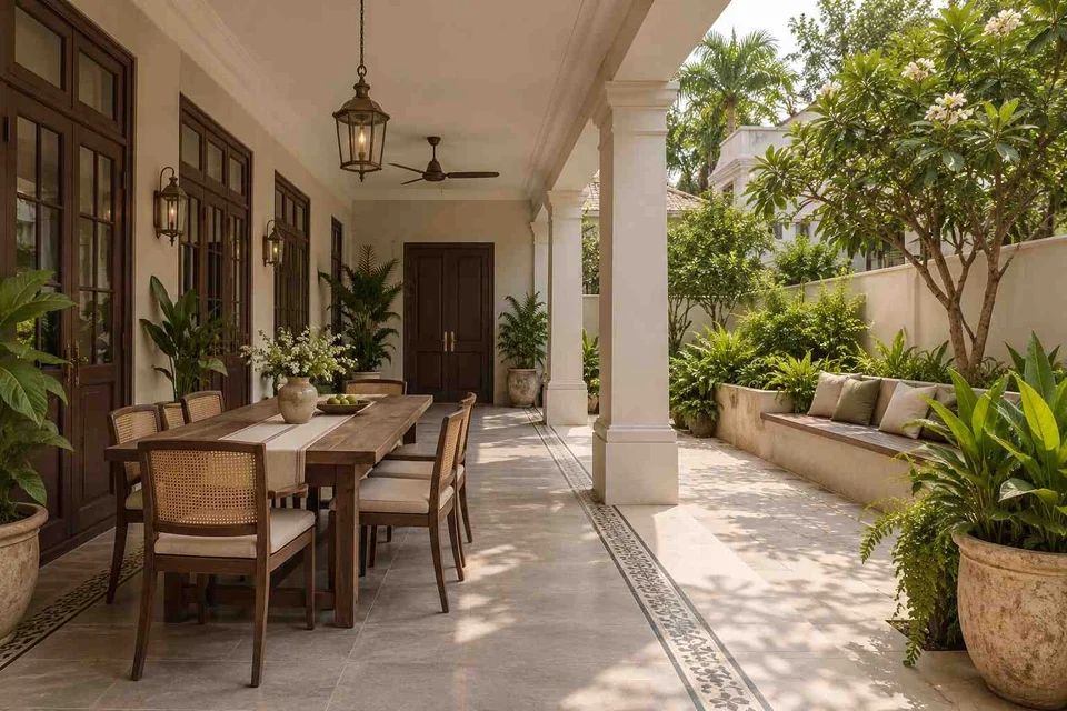 AI-generated outdoor concept: long outdoor dining and seating, colonial quiet direction