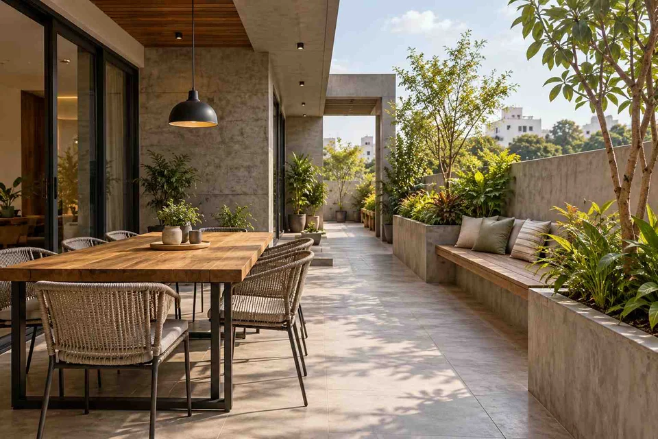 AI-generated outdoor concept: long outdoor dining and seating, concrete and oak direction