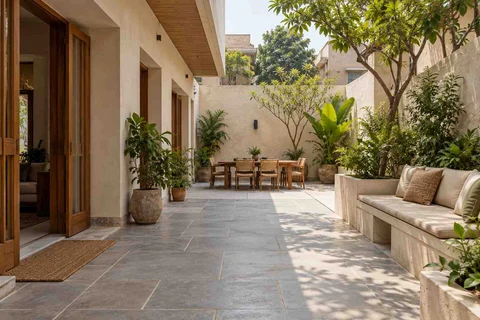 AI-generated outdoor concept: long outdoor dining and seating, courtyard modern direction