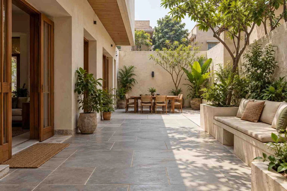 AI-generated outdoor concept: long outdoor dining and seating, courtyard modern direction