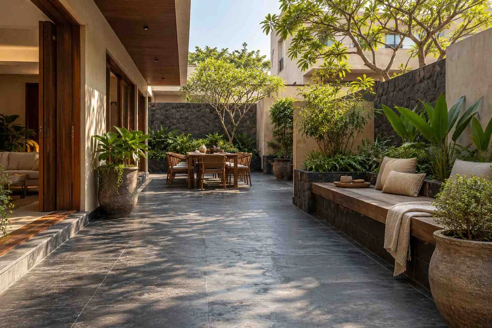 AI-generated outdoor concept: long outdoor dining and seating, deccan stone direction