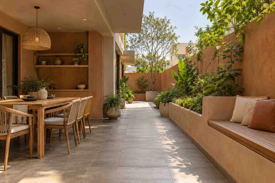 AI-generated outdoor concept: long outdoor dining and seating, earth and bamboo direction
