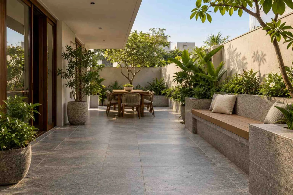 AI-generated outdoor concept: long outdoor dining and seating, granite precision direction
