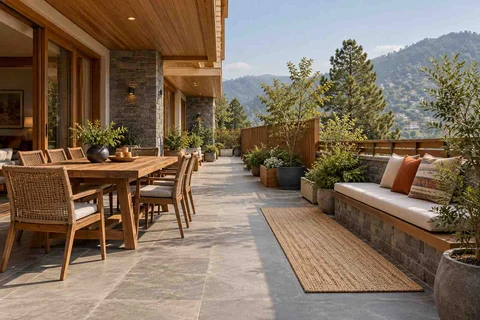 AI-generated outdoor concept: long outdoor dining and seating, hill timber direction