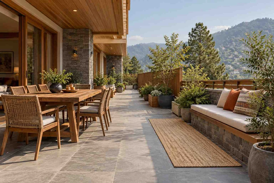 AI-generated outdoor concept: long outdoor dining and seating, hill timber direction