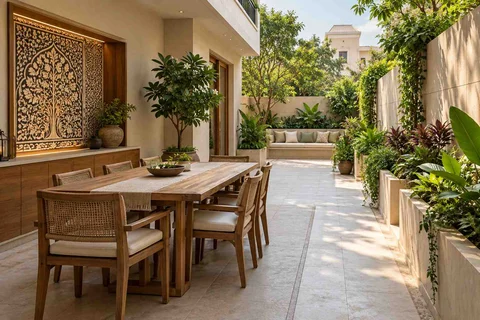 AI-generated outdoor concept: long outdoor dining and seating, inlay atelier direction