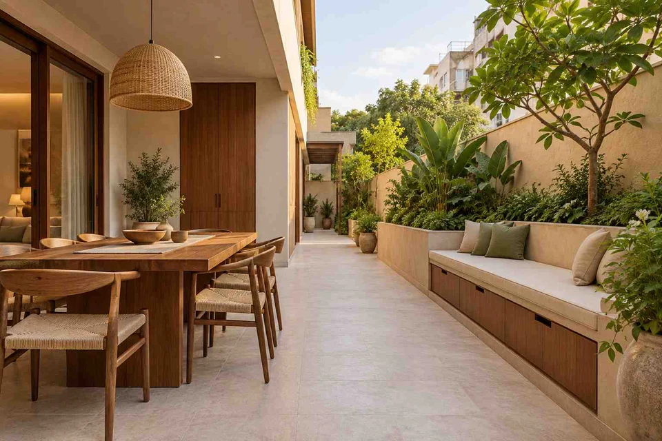 AI-generated outdoor concept: long outdoor dining and seating, lime and walnut direction