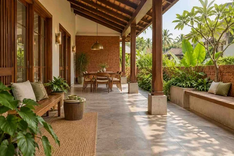AI-generated outdoor concept: long outdoor dining and seating, malabar timber direction