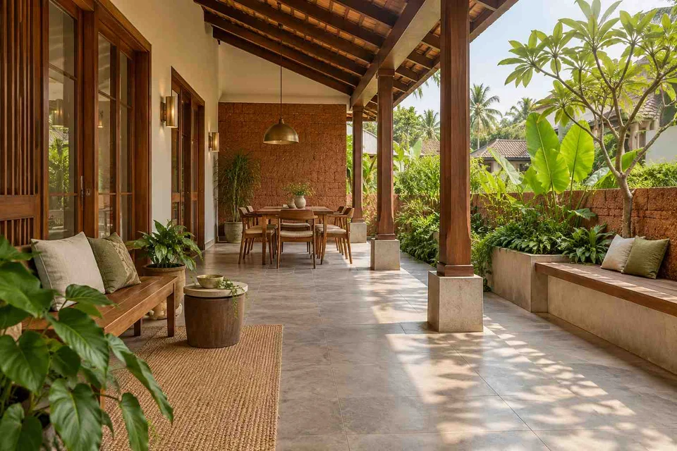 AI-generated outdoor concept: long outdoor dining and seating, malabar timber direction