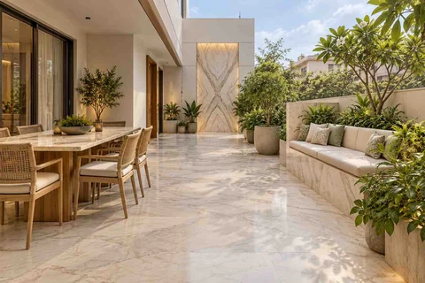 AI-generated outdoor concept: long outdoor dining and seating, marble restraint direction
