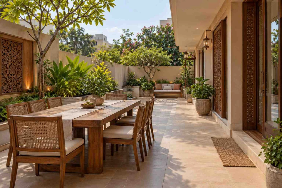 AI-generated outdoor concept: long outdoor dining and seating, modern carved direction