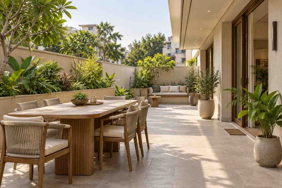 AI-generated outdoor concept: long outdoor dining and seating, quiet contemporary direction
