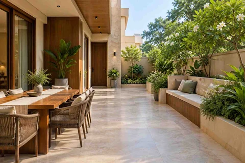 AI-generated outdoor concept: long outdoor dining and seating, quiet transitional direction