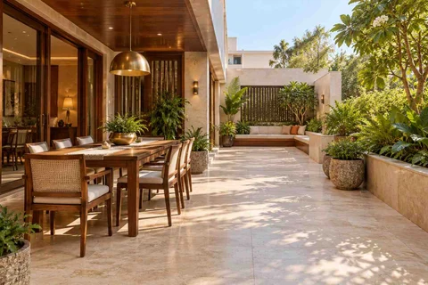 AI-generated outdoor concept: long outdoor dining and seating, rosewood brass direction