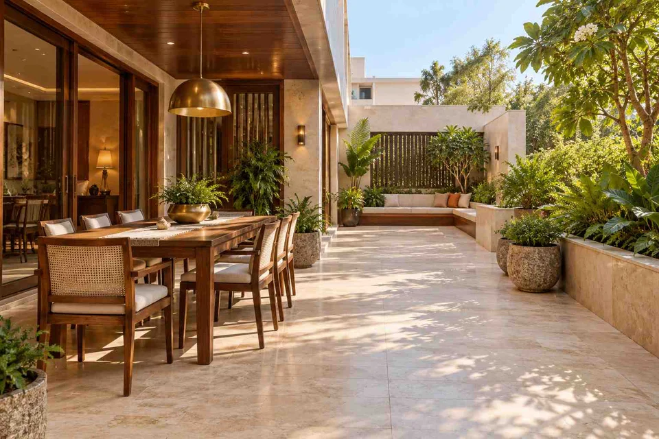 AI-generated outdoor concept: long outdoor dining and seating, rosewood brass direction