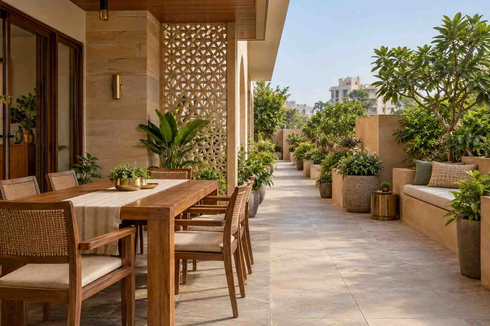 AI-generated outdoor concept: long outdoor dining and seating, sandstone lattice direction