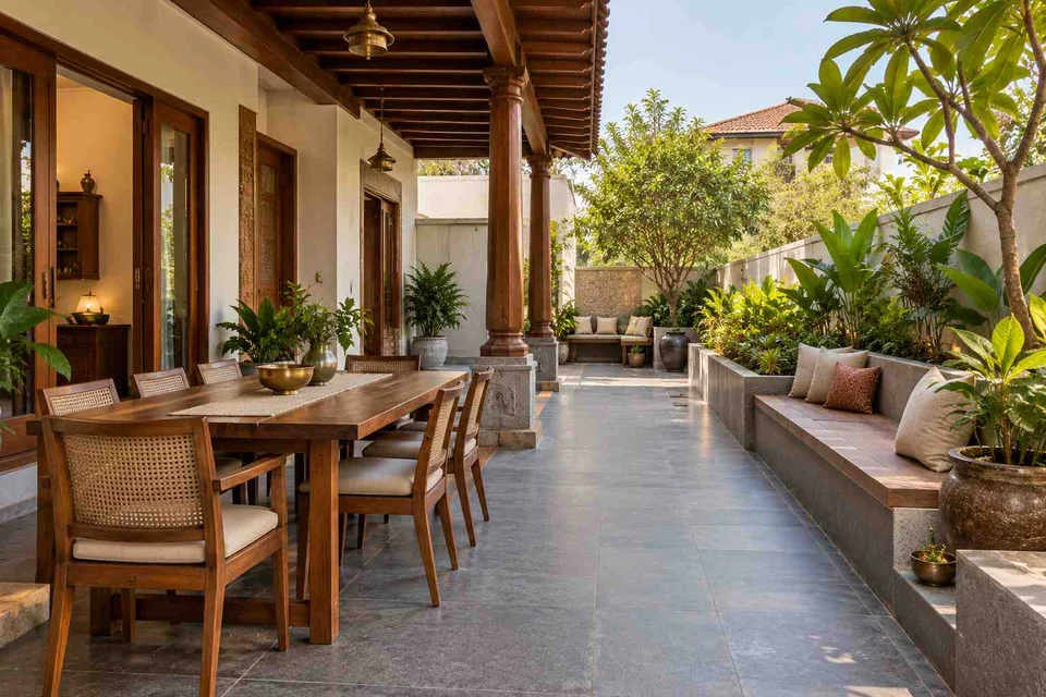 AI-generated outdoor concept: long outdoor dining and seating, teak craft direction