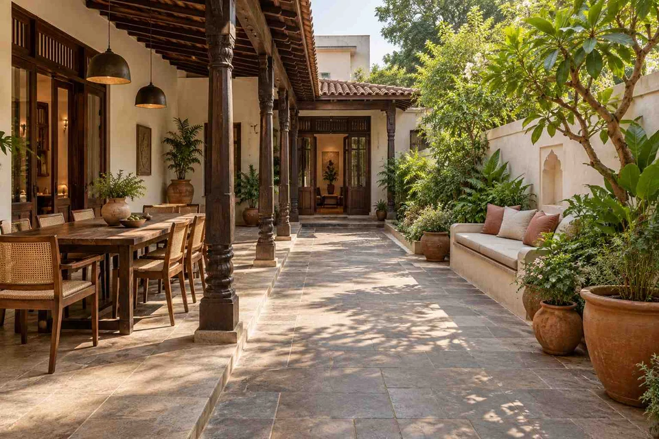 AI-generated outdoor concept: long outdoor dining and seating, terracotta heritage direction