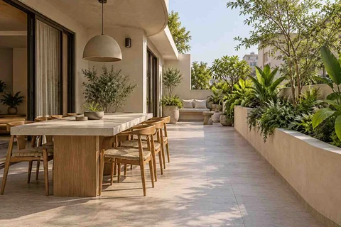 AI-generated outdoor concept: long outdoor dining and seating, textured mineral direction
