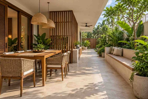 AI-generated outdoor concept: long outdoor dining and seating, tropical slatted direction
