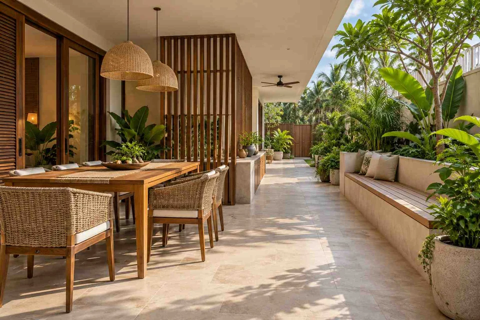 AI-generated outdoor concept: long outdoor dining and seating, tropical slatted direction